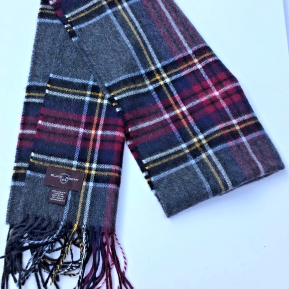 Black Brown 1826 long scarf classy gray & burgundy plaid 100%  cashmere - Picture 1 of 6